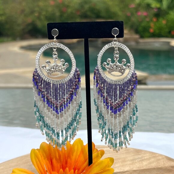 Handmade Beaded Queen Long Fringe Dangle Drop Lightweight Post Hoop Earrings - Picture 5 of 6